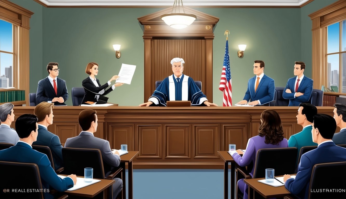 A courtroom with a judge presiding over a real estate dispute, lawyers presenting arguments, and a jury listening attentively