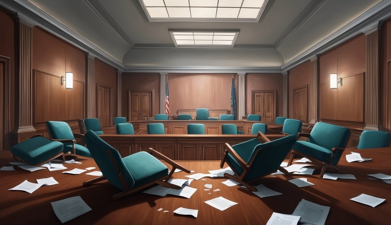 Empty courtroom with overturned chairs, scattered papers, and a tense atmosphere