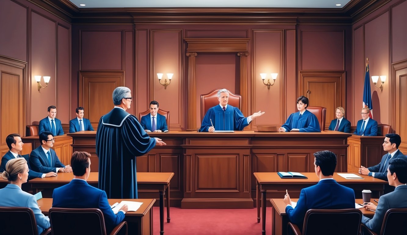 A courtroom with a judge presiding over a real estate litigation case, lawyers presenting evidence, and clients seated in the gallery