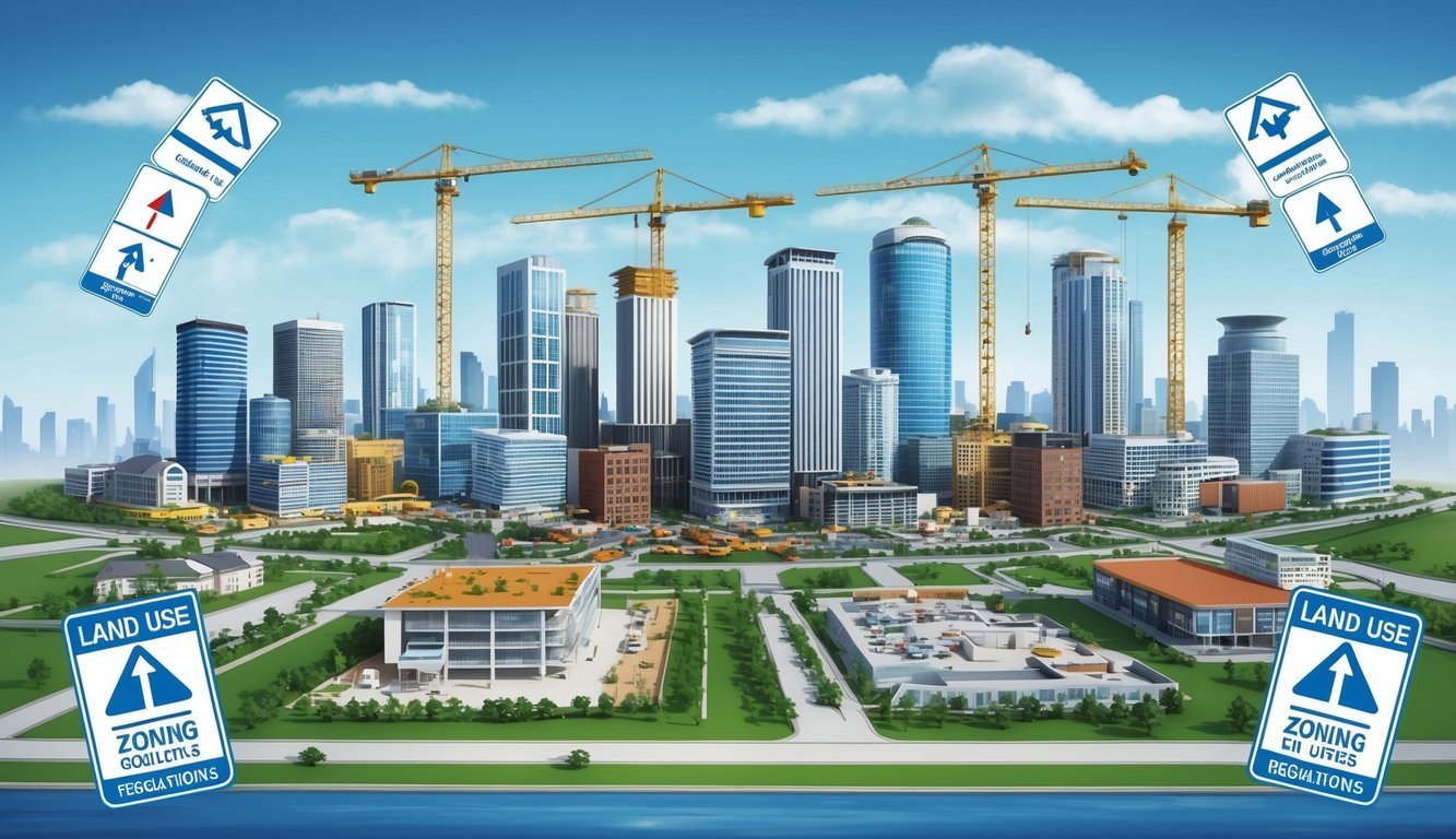 A city skyline with various buildings and construction sites, surrounded by signs and symbols representing land use and zoning regulations