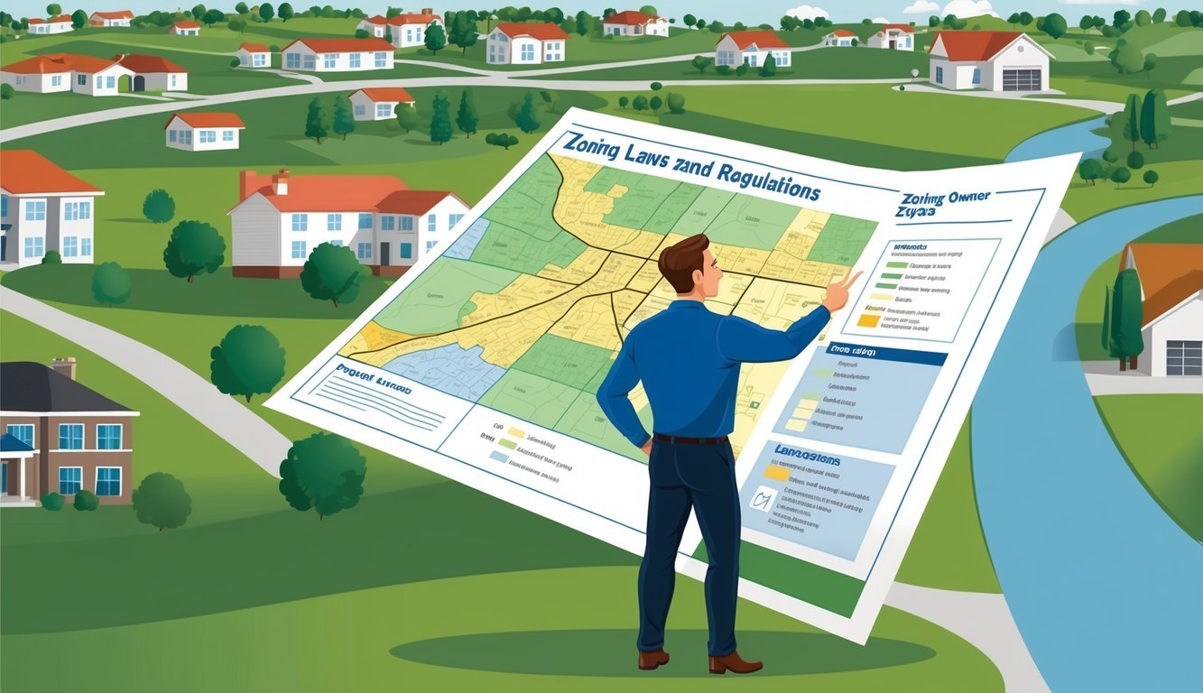 A property owner standing on their land, examining a map of zoning laws and regulations, with various parcels of land and buildings in the background