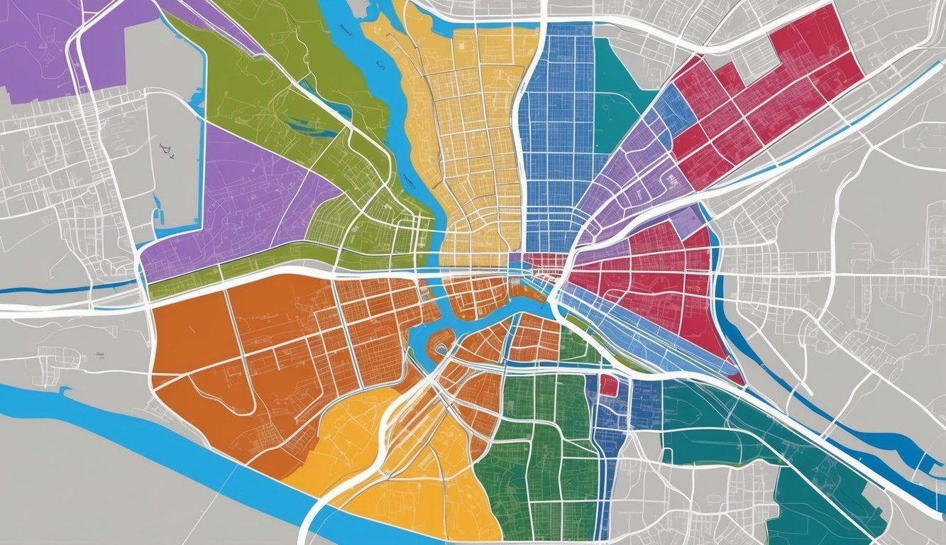 A city map with color-coded zoning areas and key landmarks