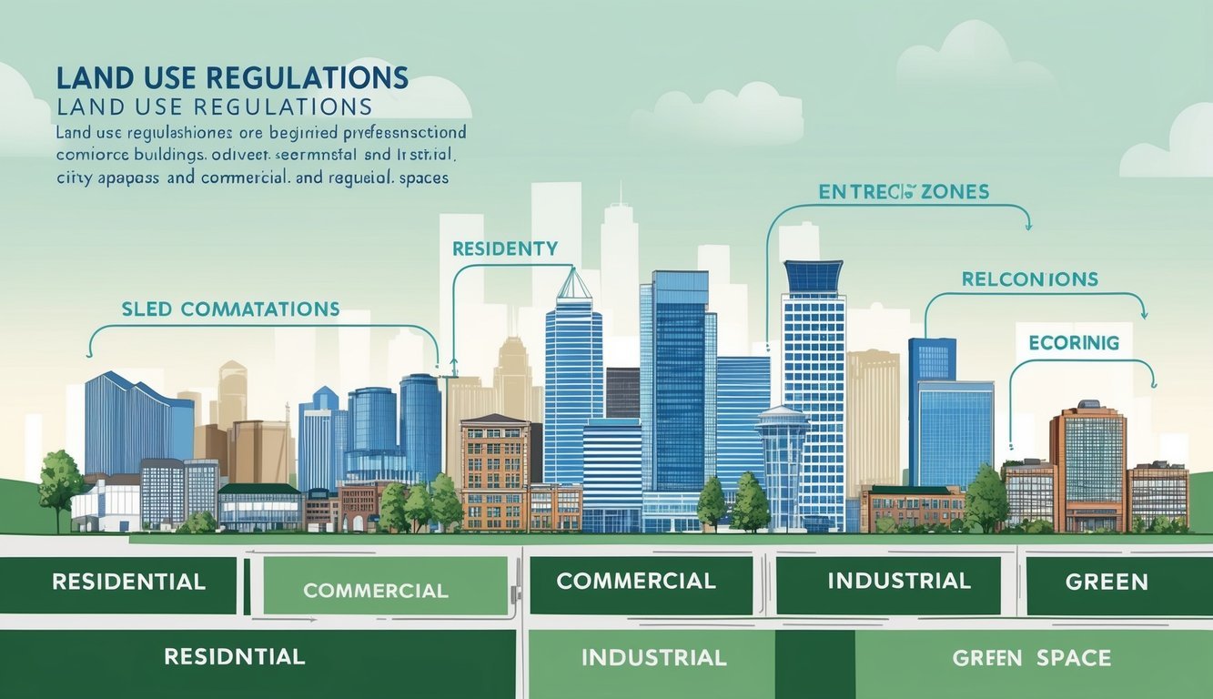 A city skyline with various zones: residential, commercial, industrial, and green spaces.</p><p>Land use regulations are depicted through building sizes and placement