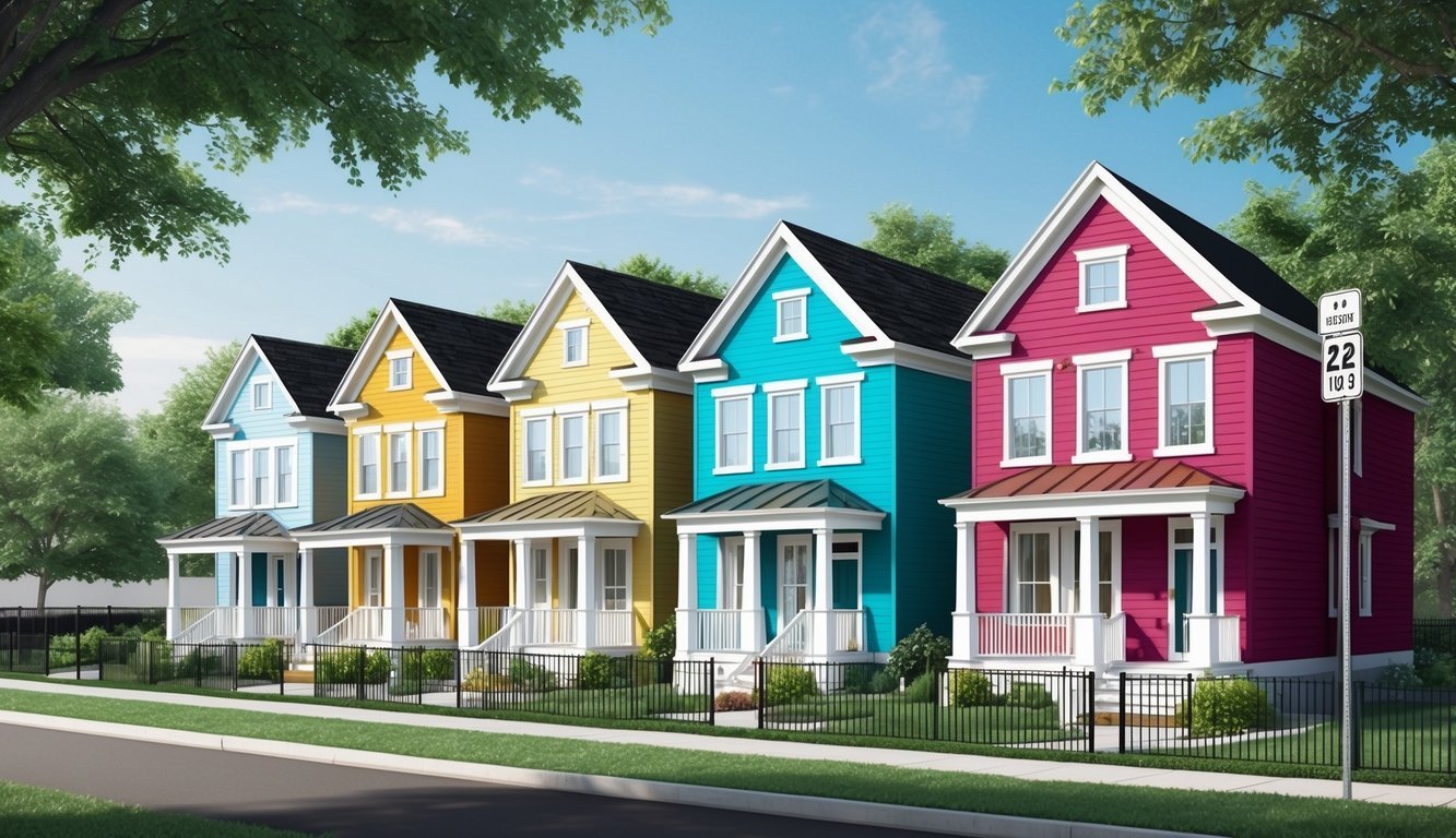 A row of colorful houses surrounded by greenery, with clear zoning boundaries marked by signs and fences