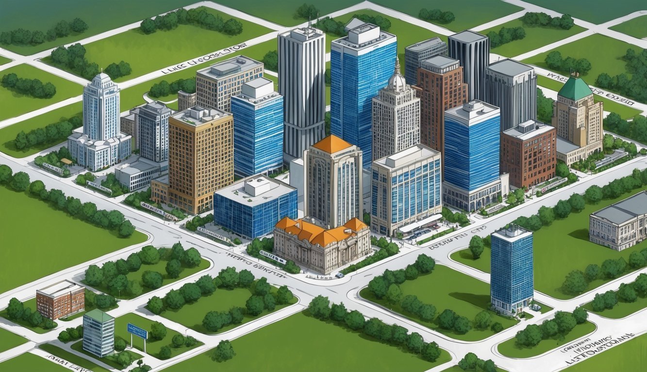 A city skyline with various buildings and streets, some with zoning designations, surrounded by green spaces and signs indicating land use regulations