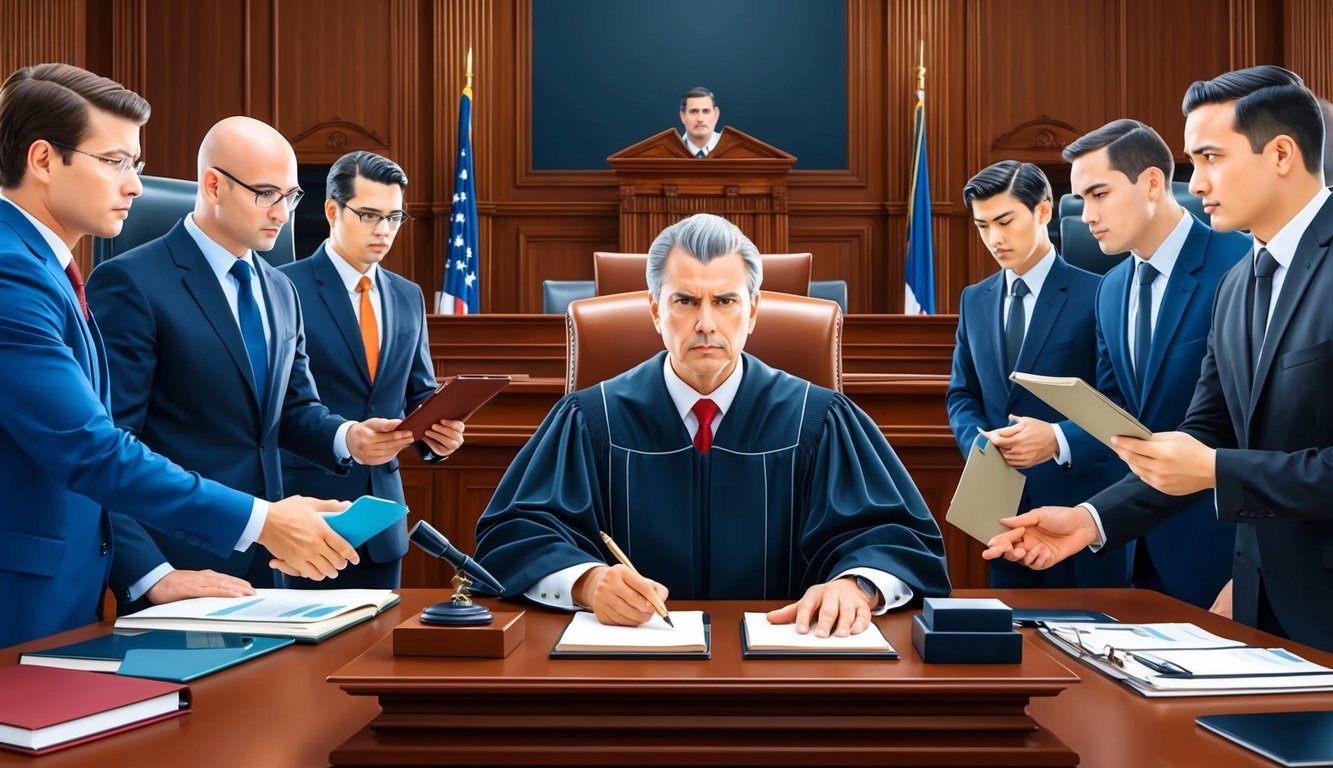 A stern judge presides over a courtroom, with lawyers presenting arguments and evidence regarding trademark infringement