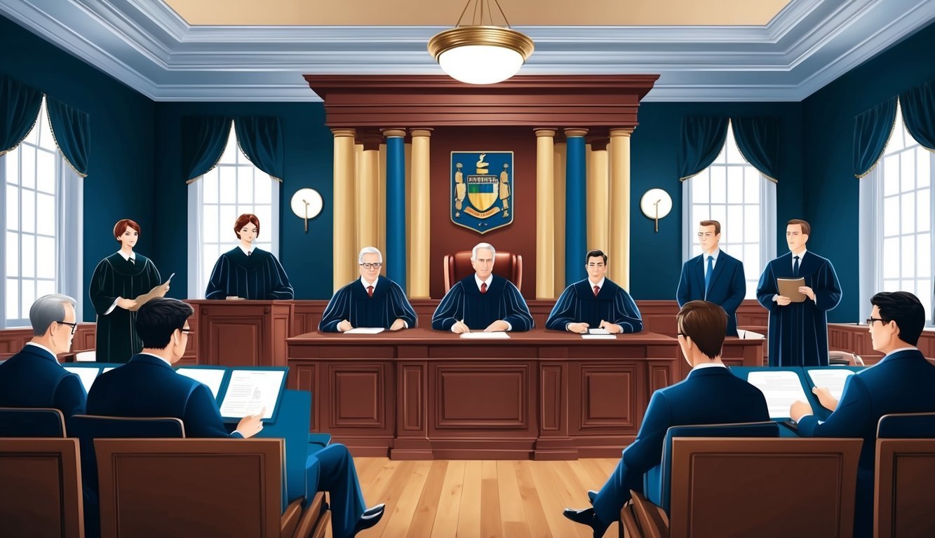 A courtroom with judges, lawyers, and witnesses presenting evidence and arguments in a case related to intellectual property rights