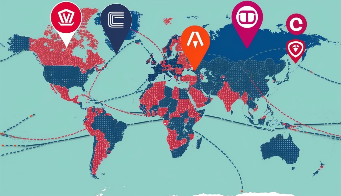 A global map with dotted lines connecting countries, and various symbols representing trademarks floating above the map