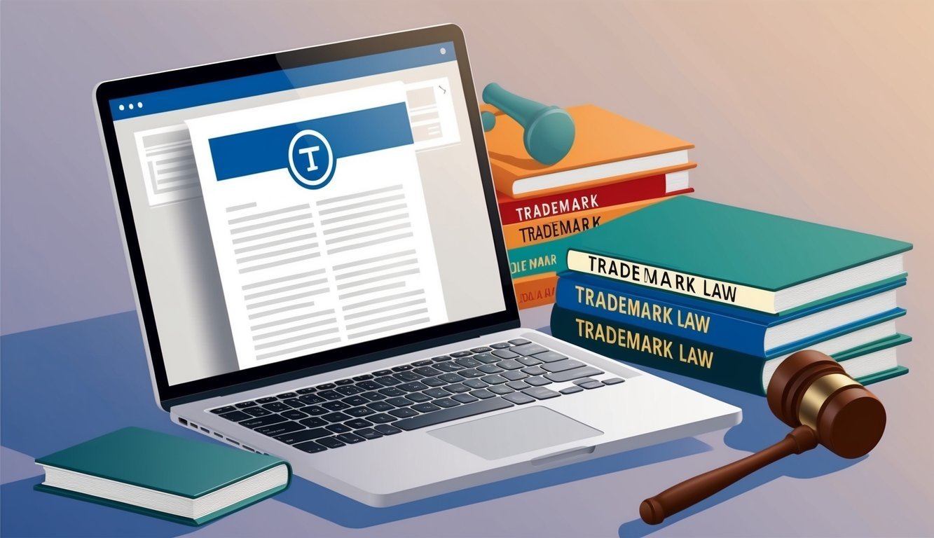 A laptop displaying a legal document with a trademark symbol, surrounded by books on trademark law and a gavel