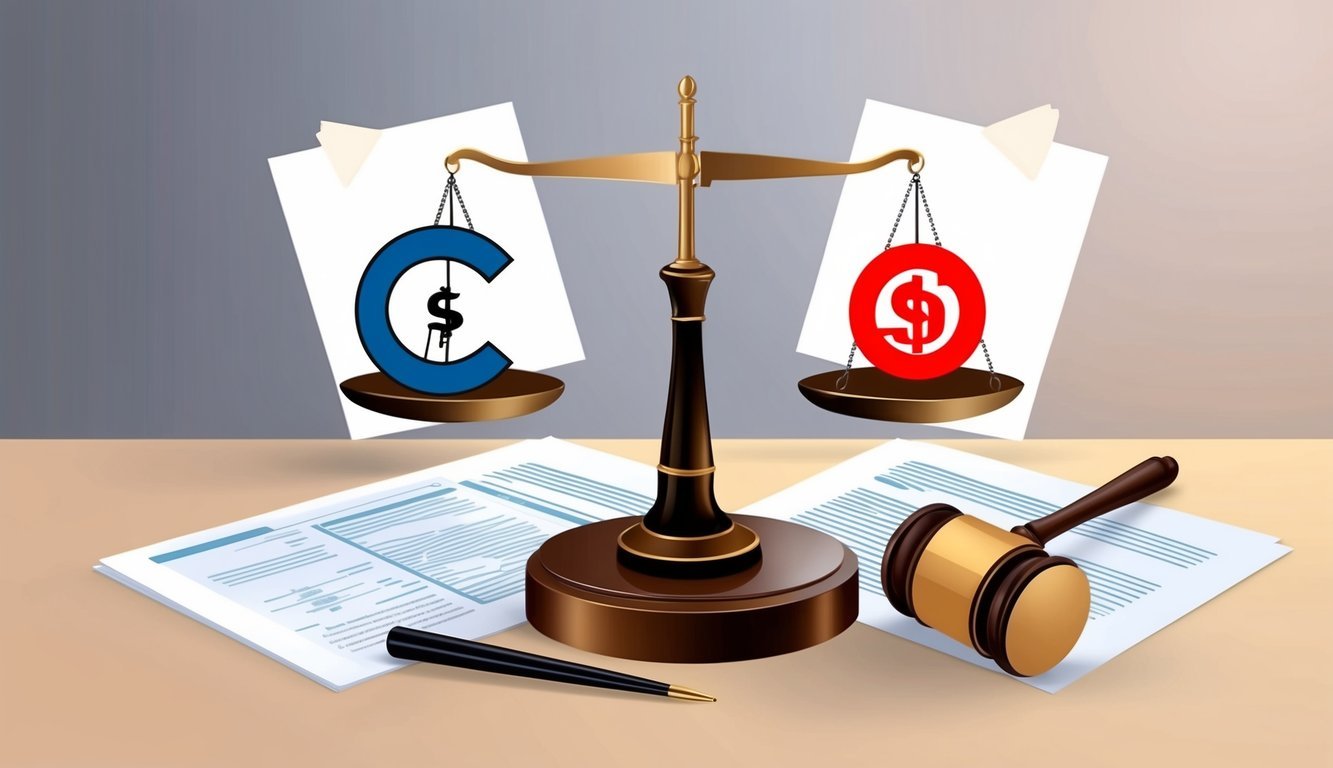 A scale balancing a copyright symbol and a transfer symbol, surrounded by legal documents and a gavel