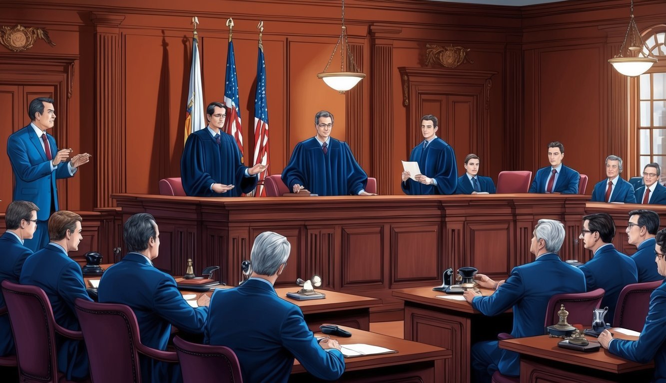 A courtroom with lawyers presenting arguments on intellectual property cases