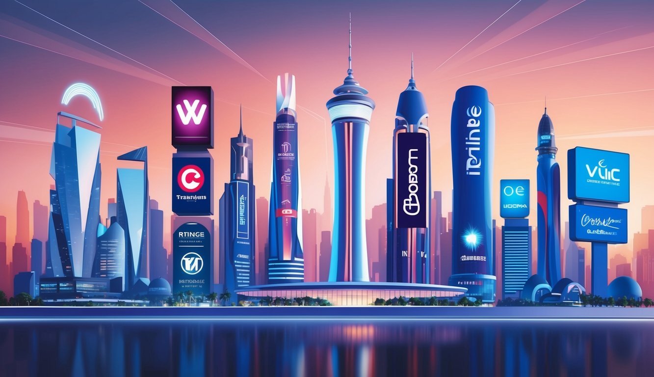 A futuristic city skyline with unique and innovative trademarks displayed on buildings and billboards