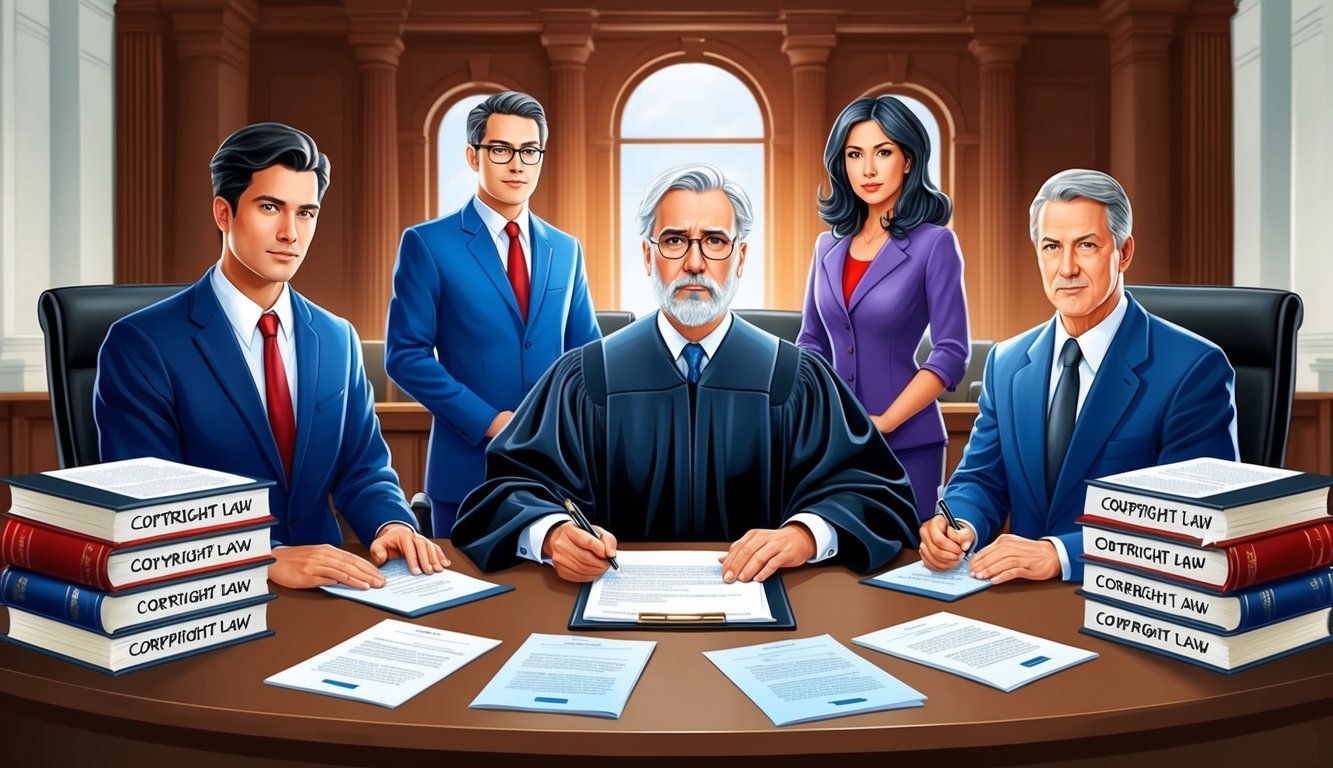 A courtroom scene with a judge, lawyers, and a defendant, surrounded by legal documents and books on copyright law