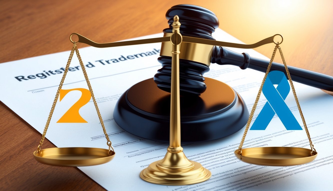 A scale balancing a registered trademark symbol and an unregistered trademark symbol, with a gavel and legal document in the background