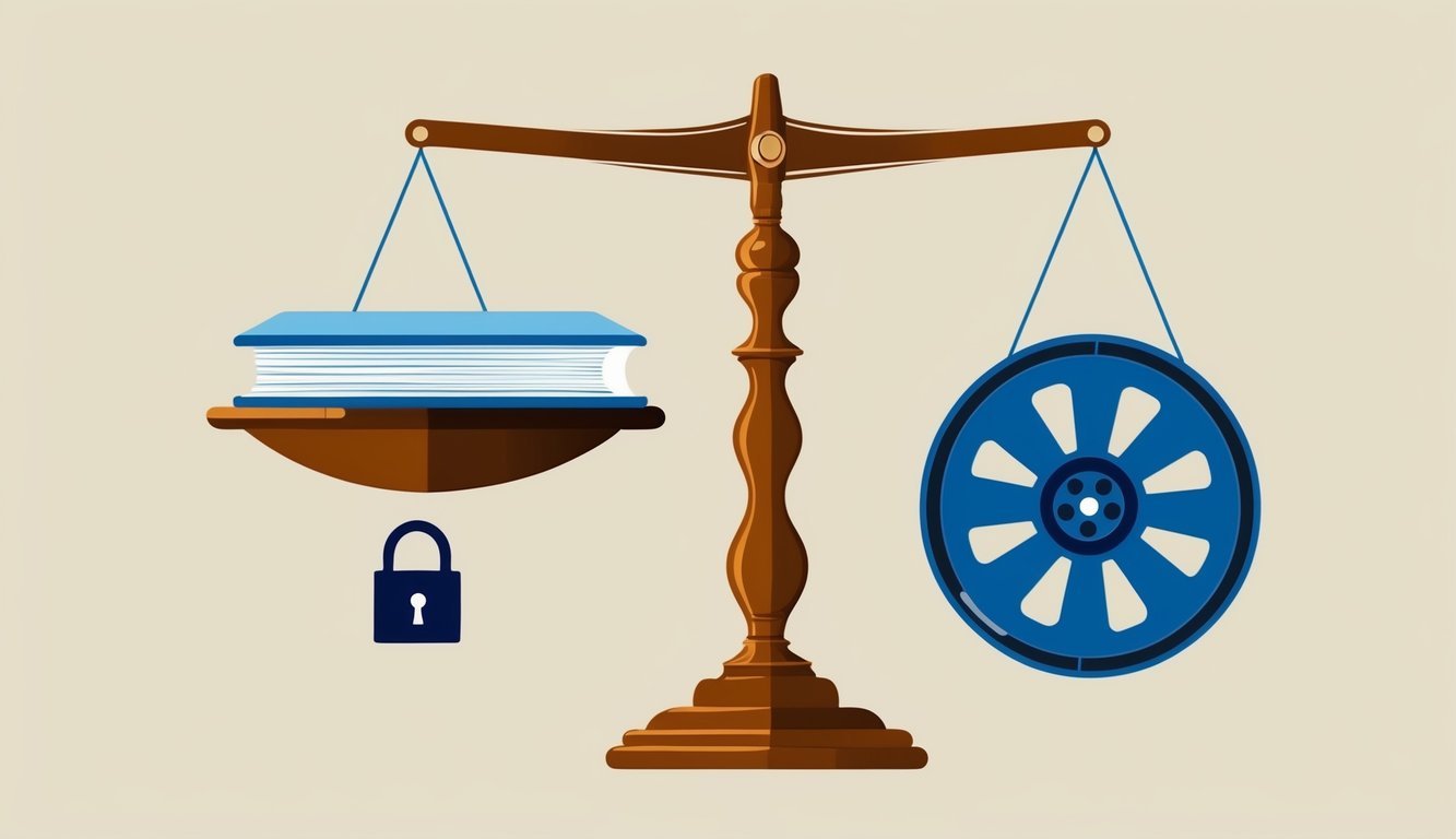 A scale balancing a book and a film reel, surrounded by a copyright symbol and a lock