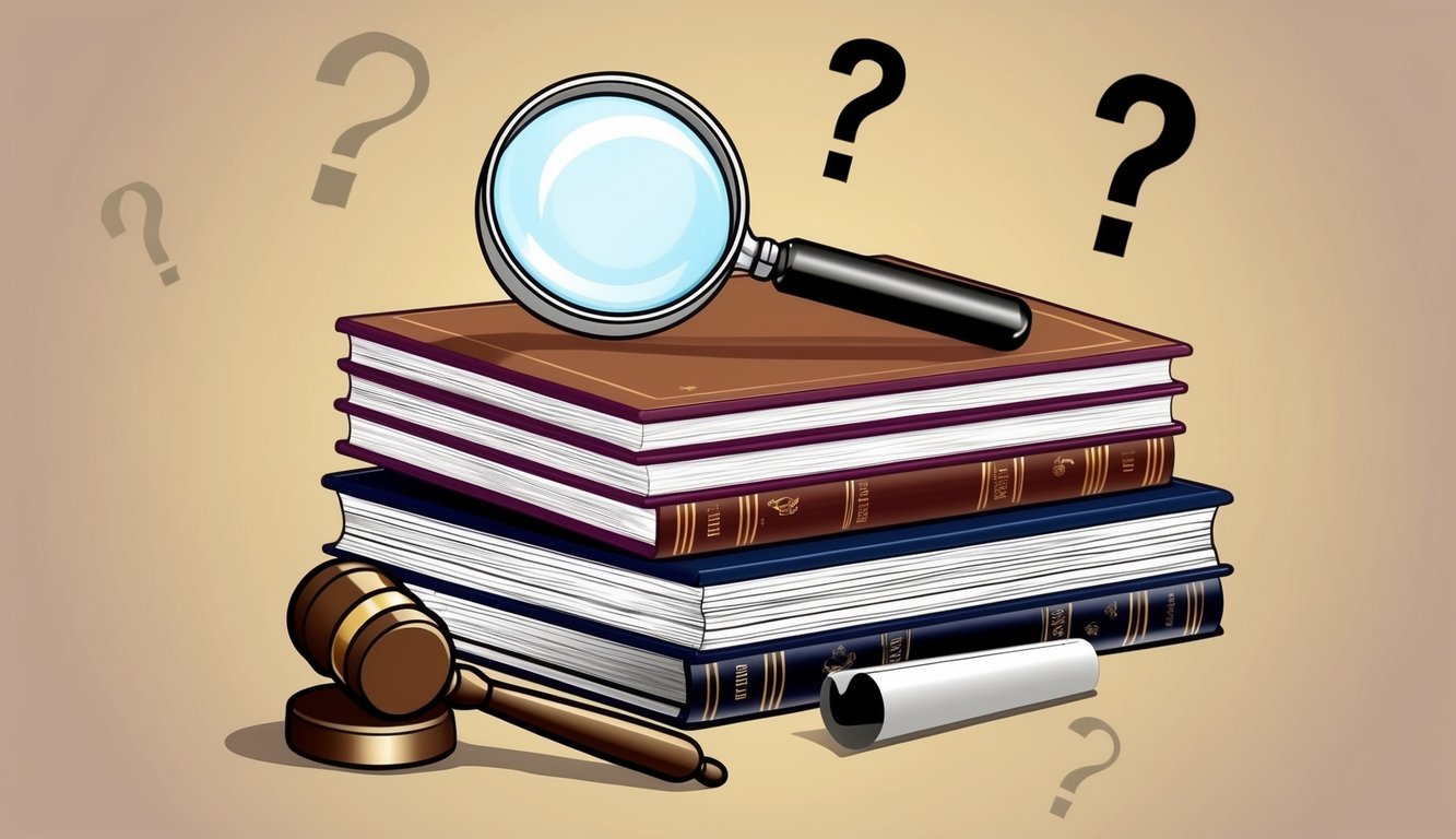 A stack of legal books with a magnifying glass on top, surrounded by question marks and a gavel