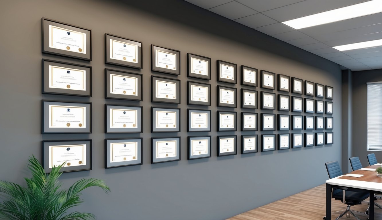 A wall lined with framed awards and accolades in a modern office setting