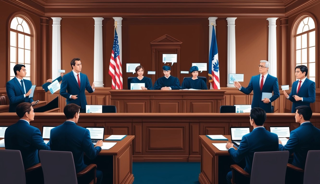 A courtroom with lawyers presenting arguments and evidence related to intellectual property disputes