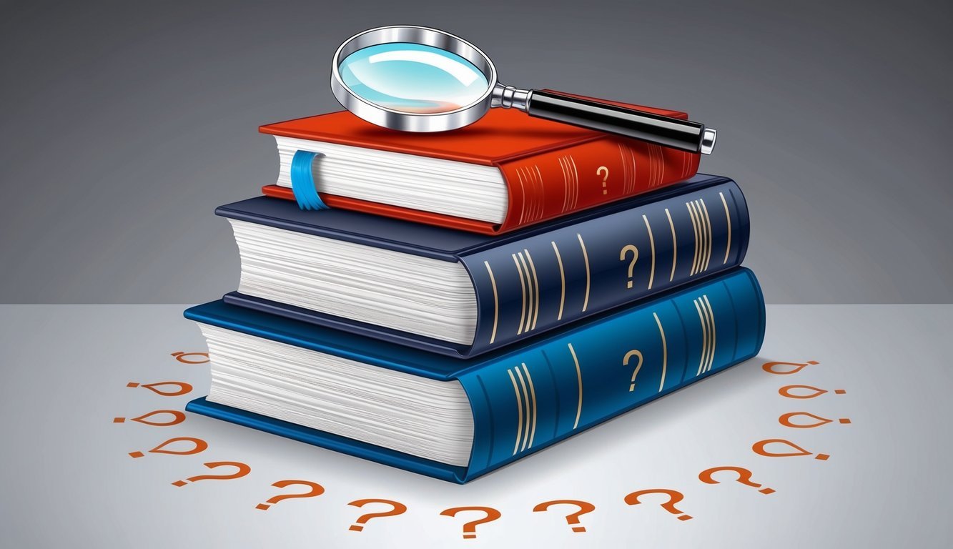 A stack of legal books with a magnifying glass on top, surrounded by question marks and copyright symbols