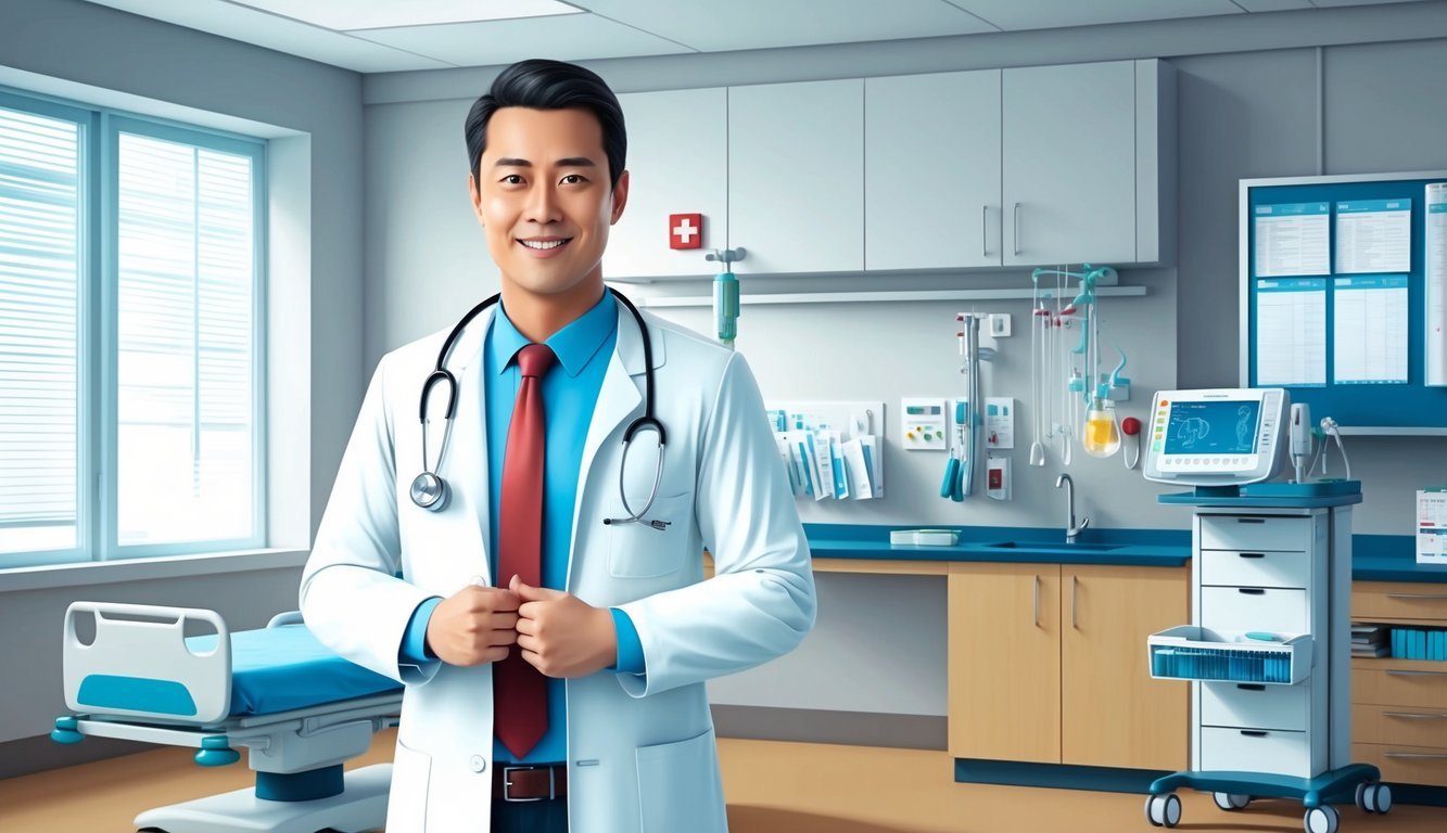 A doctor in a white coat standing in a hospital room, with medical equipment and charts in the background