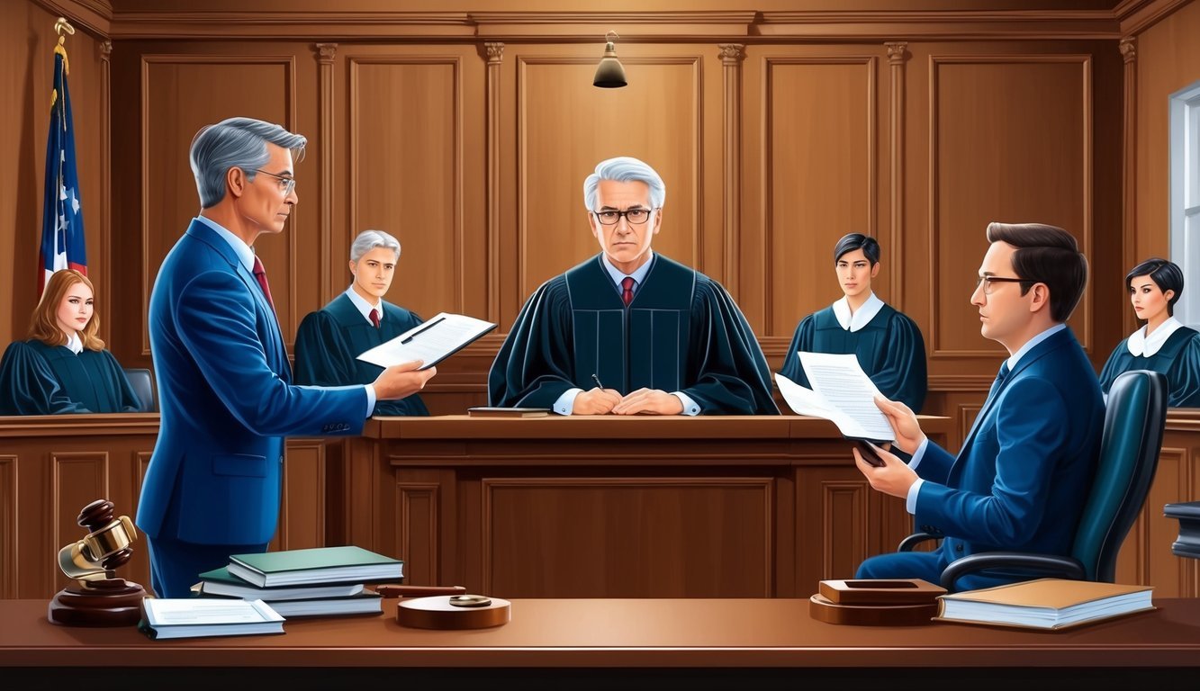 A courtroom with a judge, defendant, and plaintiff's lawyer presenting evidence in a medical malpractice case