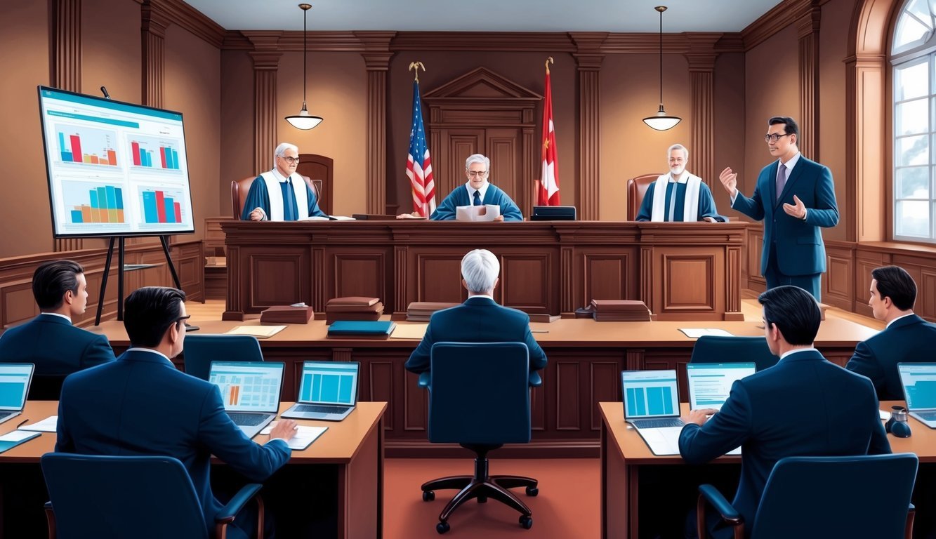 A courtroom with a judge, jury, and lawyers presenting evidence and arguments in a medical malpractice case