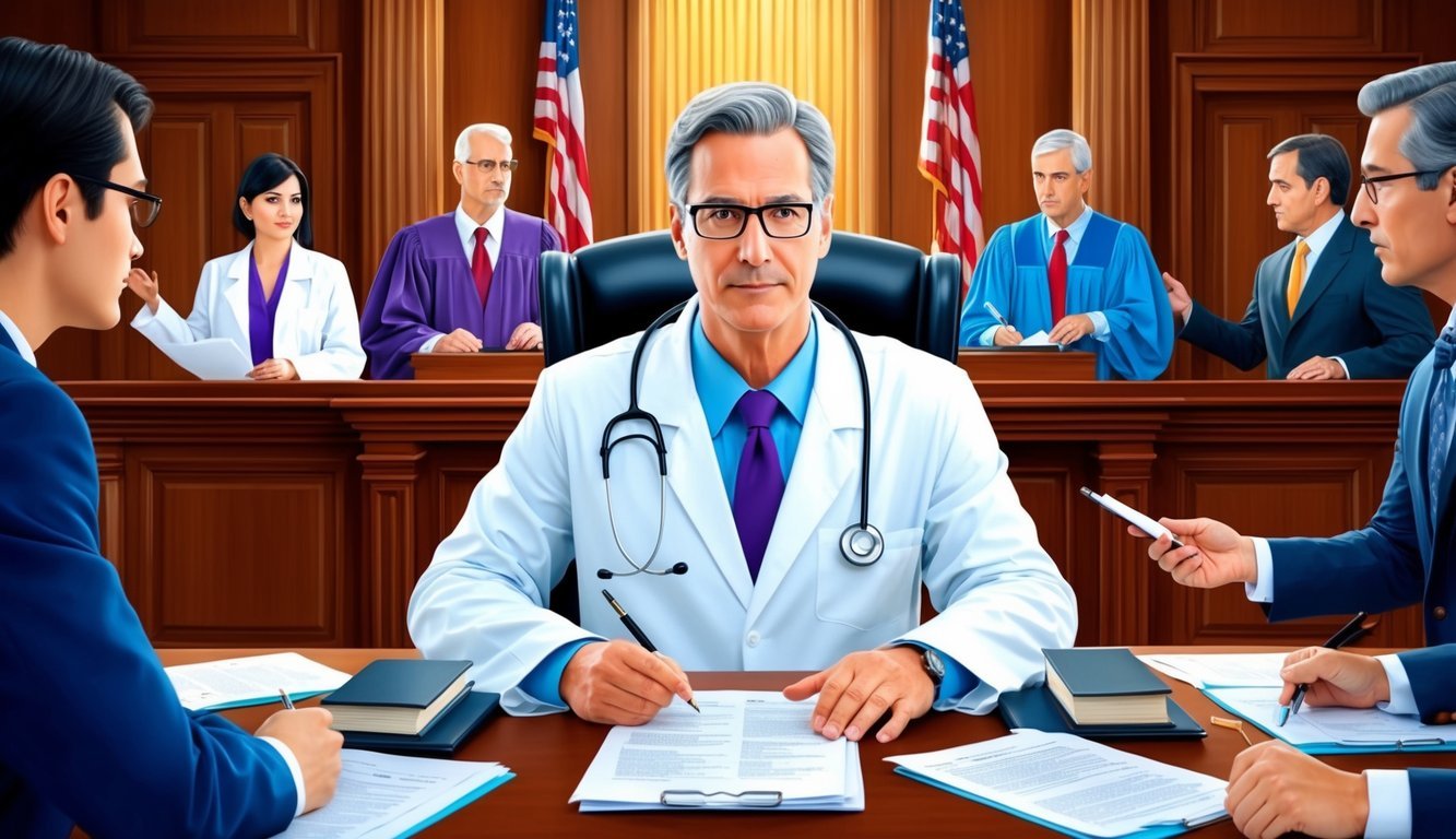 A doctor in a courtroom, surrounded by legal documents and a judge's bench, while lawyers argue their case