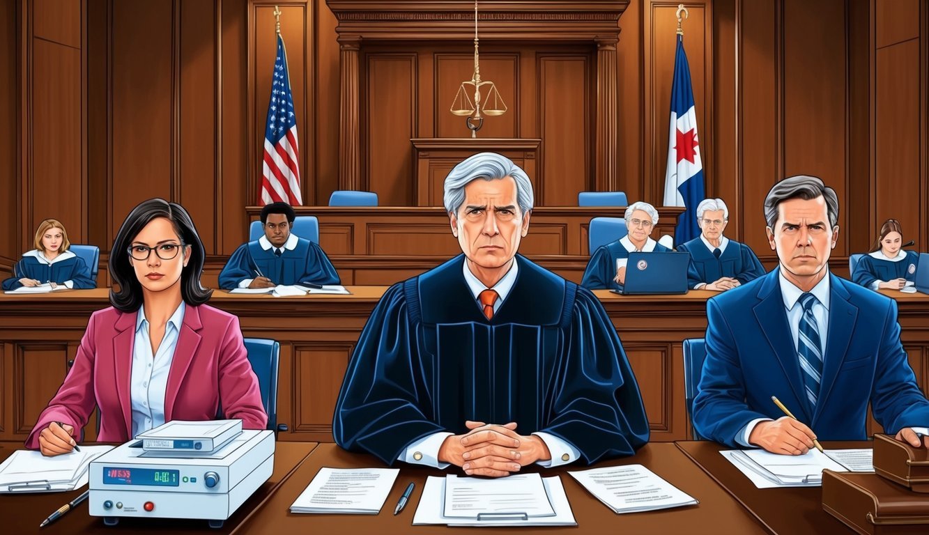 A courtroom with a judge, defendant, and lawyers.</p><p>Medical equipment and documents on tables.</p><p>Serious expressions on faces