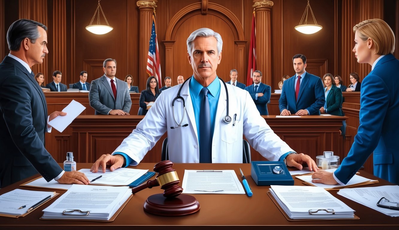 A doctor in a courtroom surrounded by lawyers, medical equipment, and legal documents