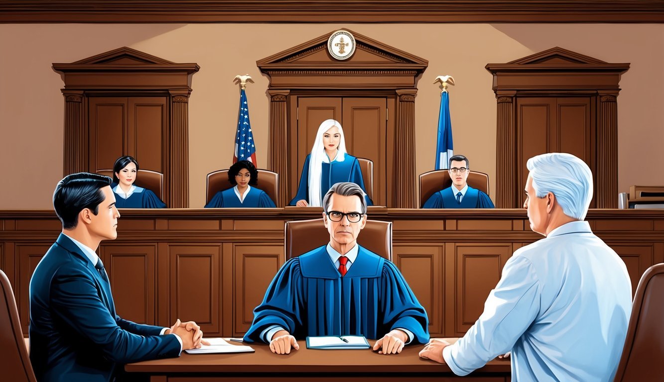 A courtroom with a judge, lawyers, and a defendant representing a medical professional