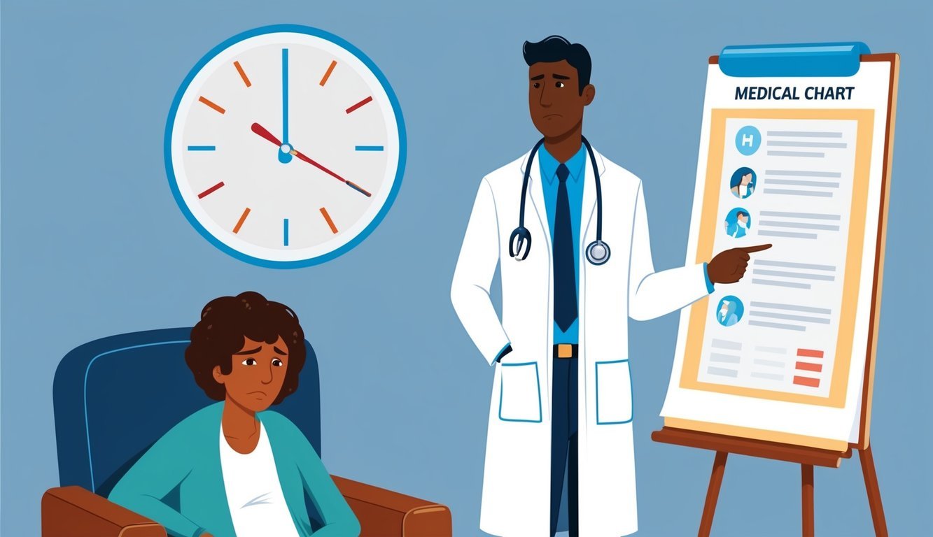 A doctor in a white coat stands next to a medical chart, while a concerned patient sits in a chair