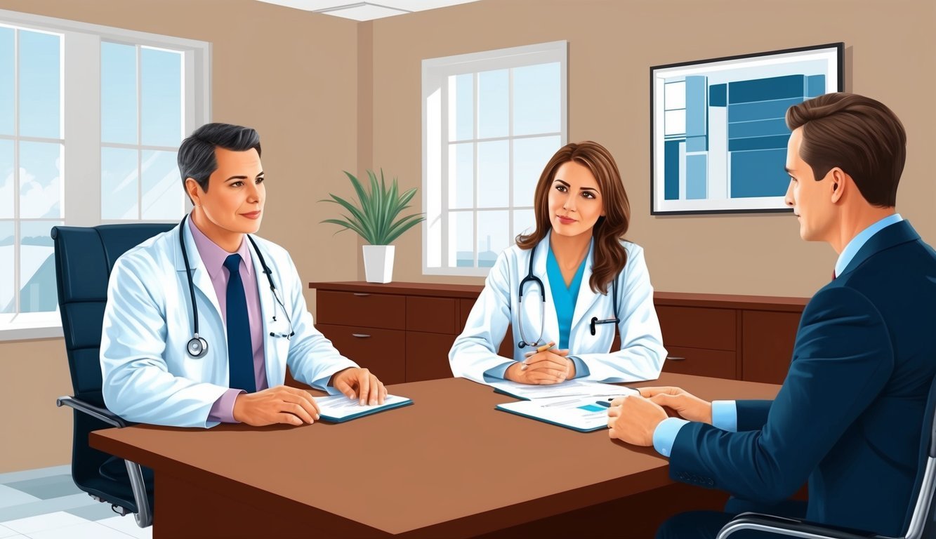 A doctor's office with a patient consulting a lawyer about medical malpractice.</p><p>The lawyer is listening intently while the patient explains their situation