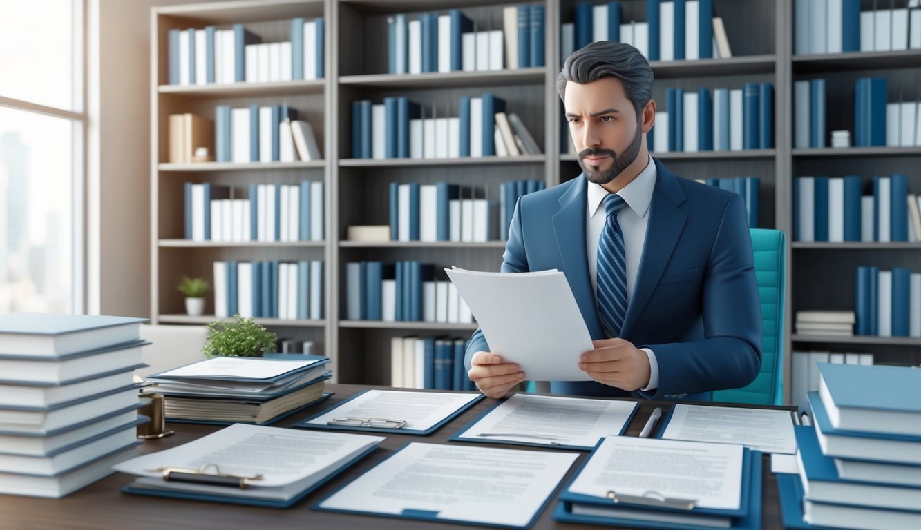 A medical malpractice attorney reviewing case files in a modern office with shelves of law books and a desk cluttered with legal documents