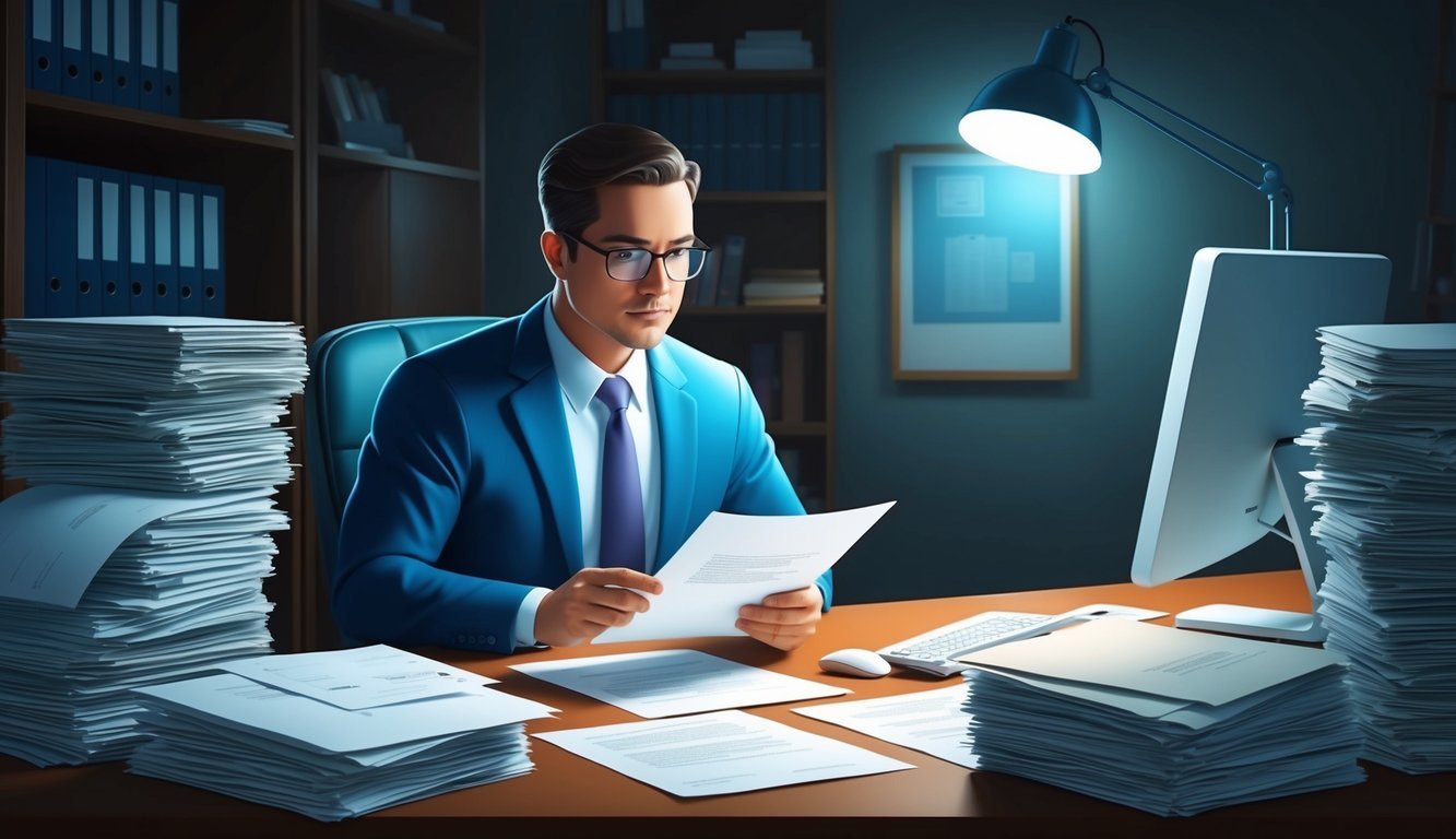 A lawyer reviewing medical records and legal documents in a dimly lit office, surrounded by stacks of papers and a computer