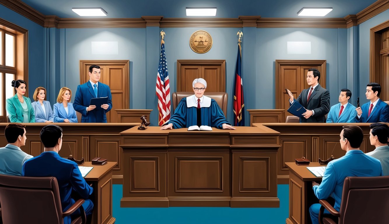 A courtroom with a judge, jury, and attorneys presenting evidence and arguments in a medical malpractice case