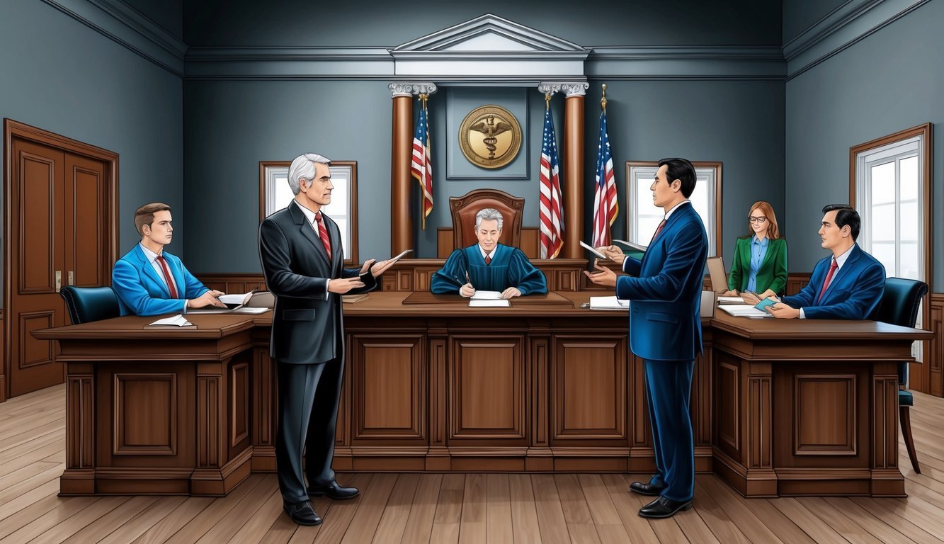 A medical malpractice trial in a courtroom with a judge, plaintiff, defendant, and attorneys presenting evidence and arguments