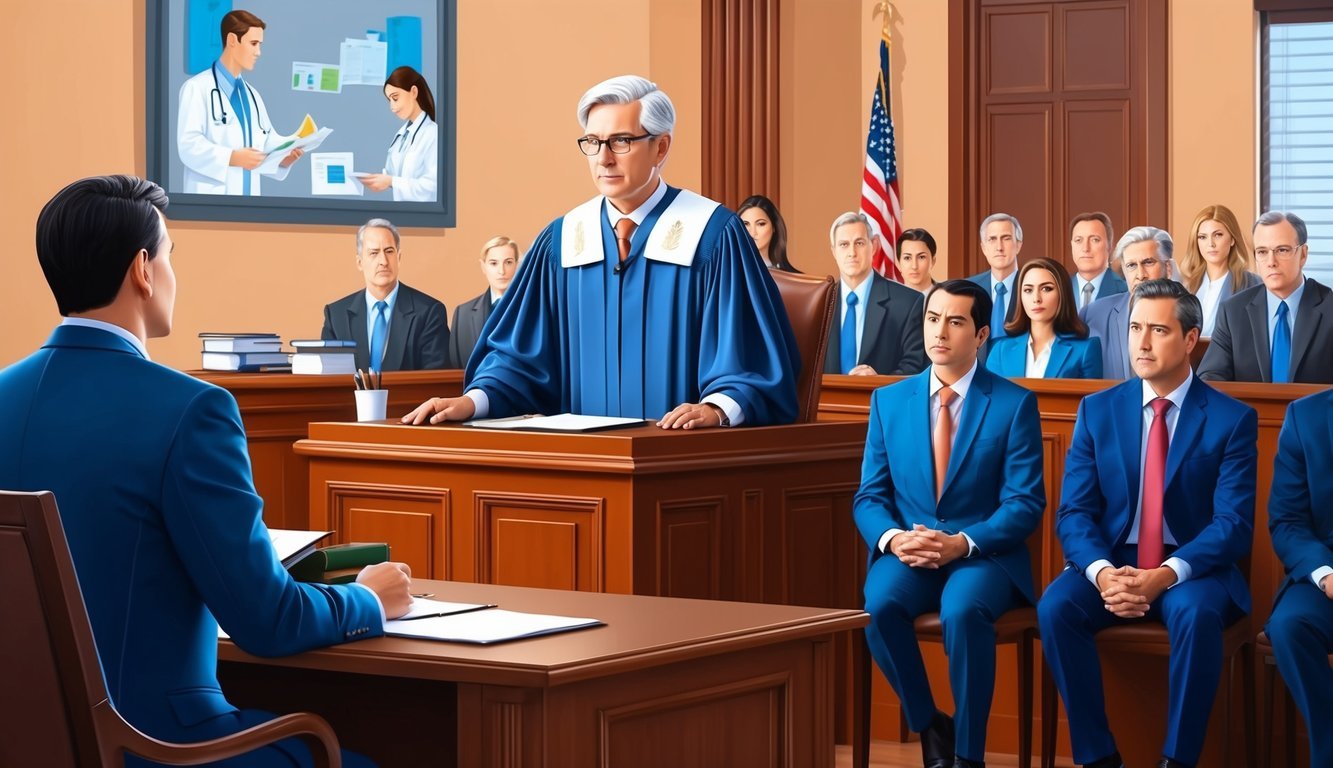 A courtroom scene with a judge presiding over a medical malpractice lawsuit, with lawyers presenting evidence and a jury listening attentively