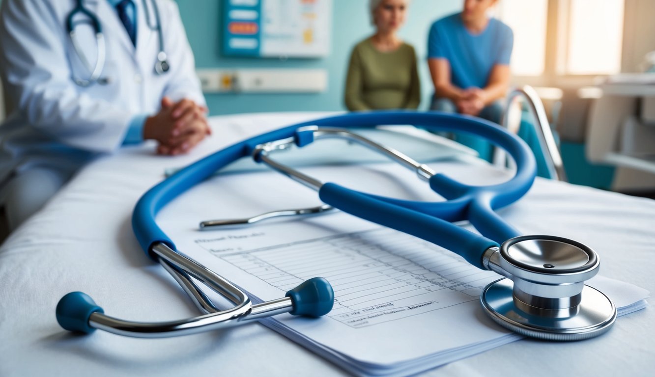 A doctor's stethoscope lying on a hospital bed, with a medical chart and a concerned family member in the background