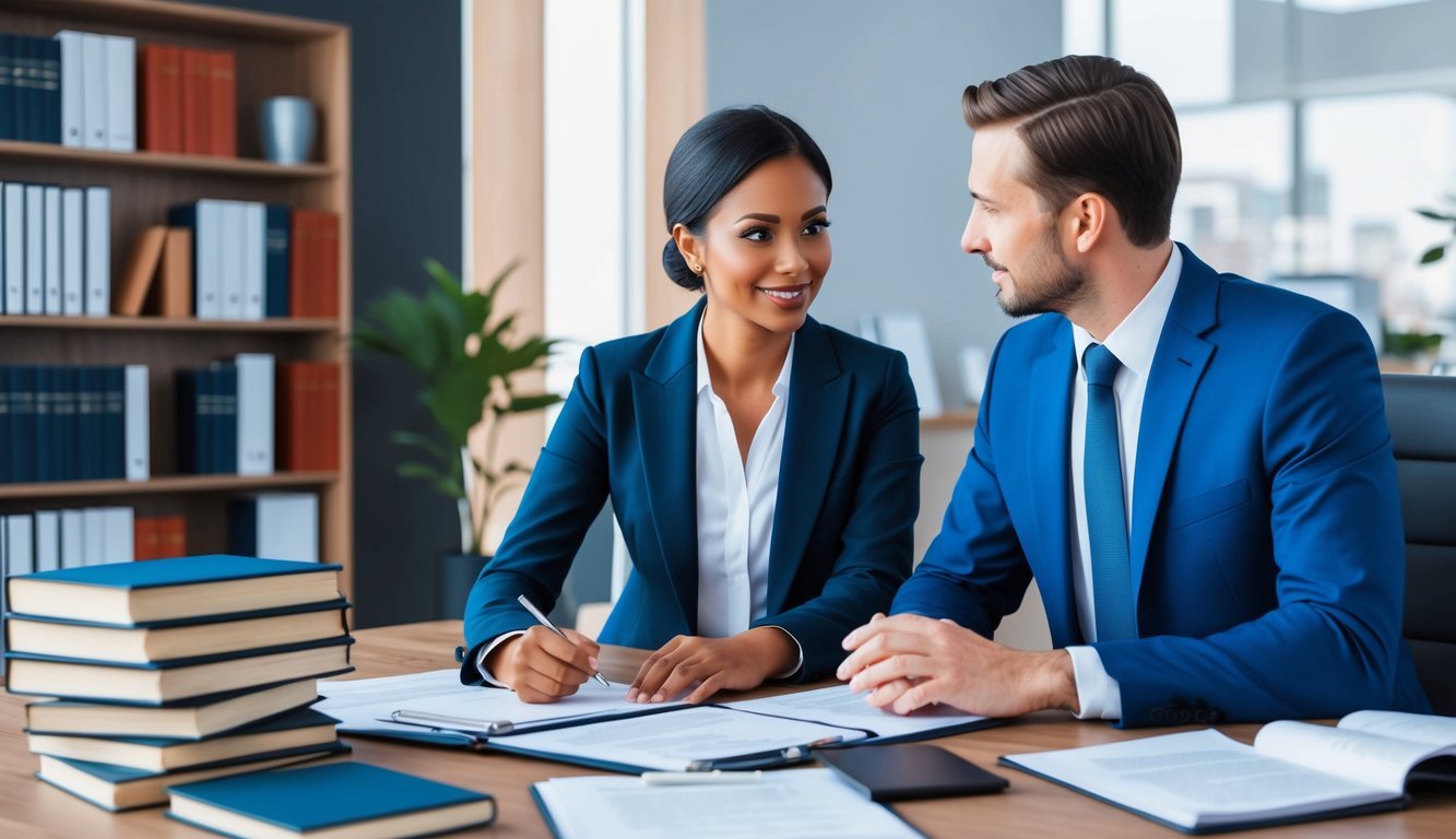 A lawyer consulting with a client in a modern office setting, surrounded by legal books and documents