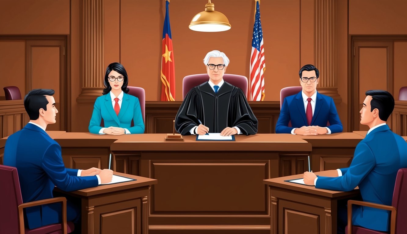 A courtroom with a judge presiding over a trial, with lawyers representing defendants in a professional malpractice case