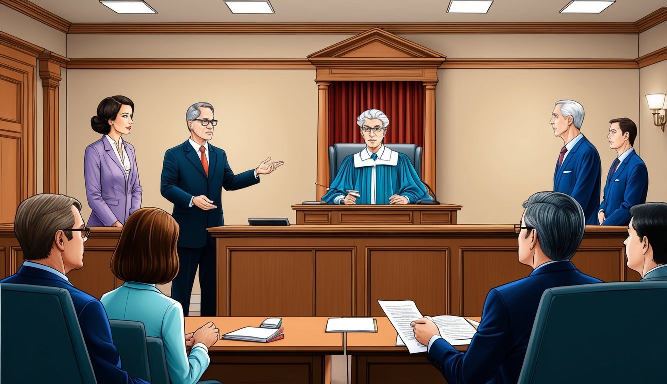 A courtroom with a judge, jury, and defendant's attorney presenting evidence to discredit the testimony of an expert witness