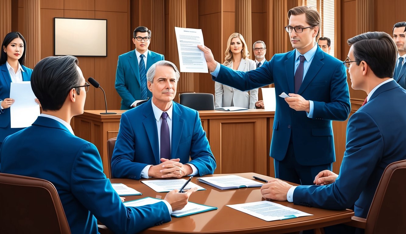 A courtroom scene with a lawyer presenting evidence, while the defendant sits calmly at the table, surrounded by legal documents and a supportive team