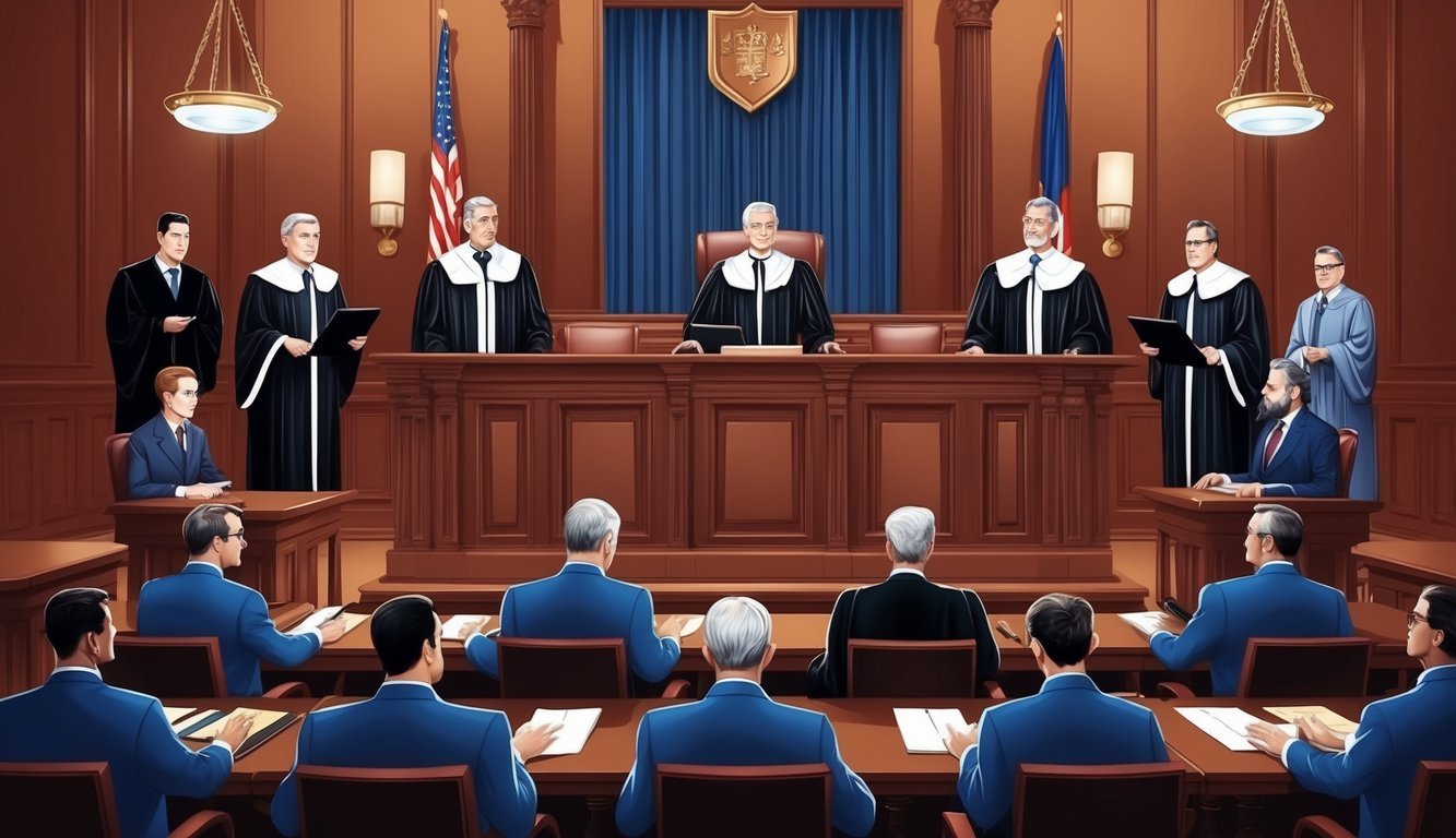 A courtroom with judges and lawyers presenting arguments