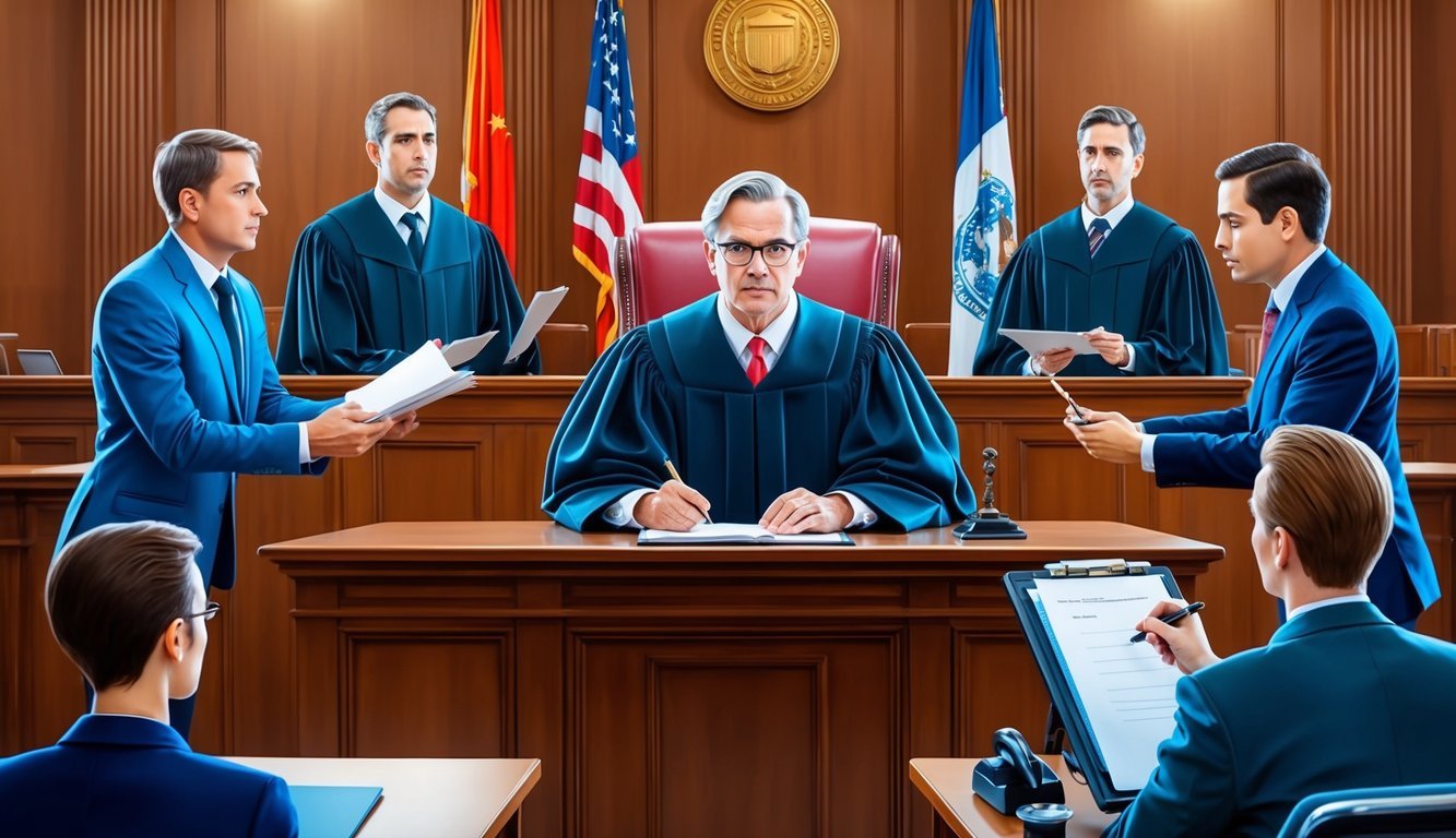 A judge presiding over a courtroom, with lawyers presenting arguments and a stenographer recording the proceedings