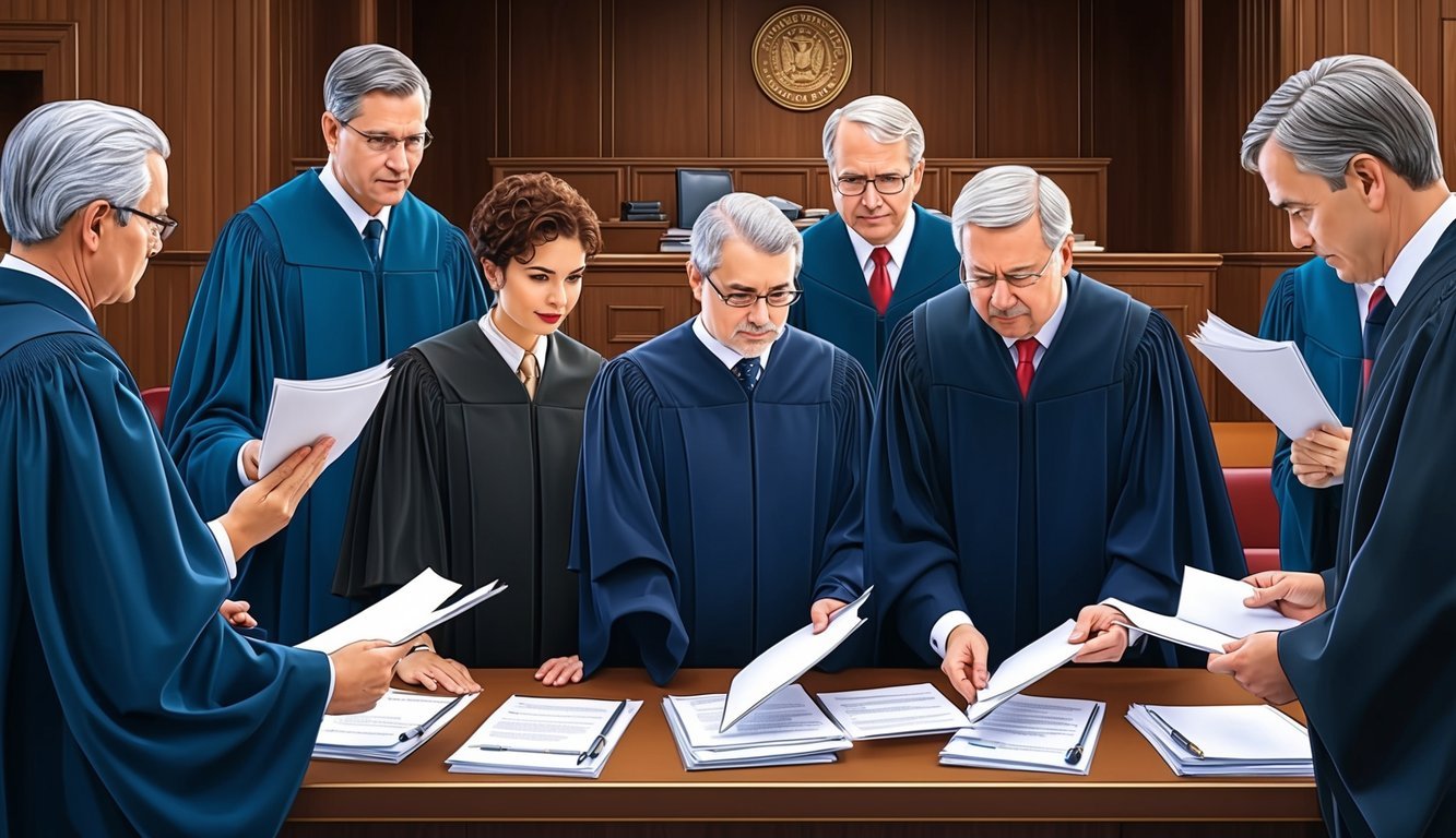 A group of judges reviewing legal documents in a courtroom setting