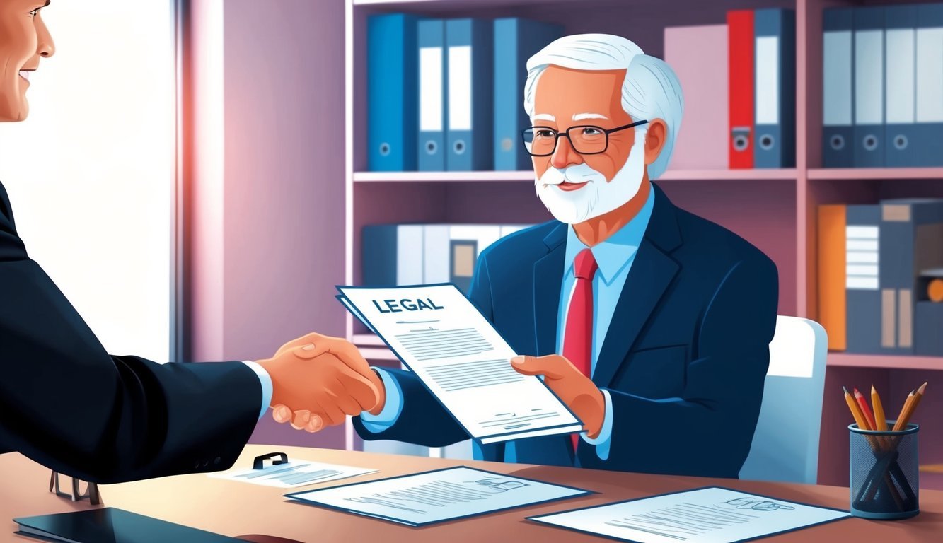 A senior hands over legal documents to a lawyer in an office setting