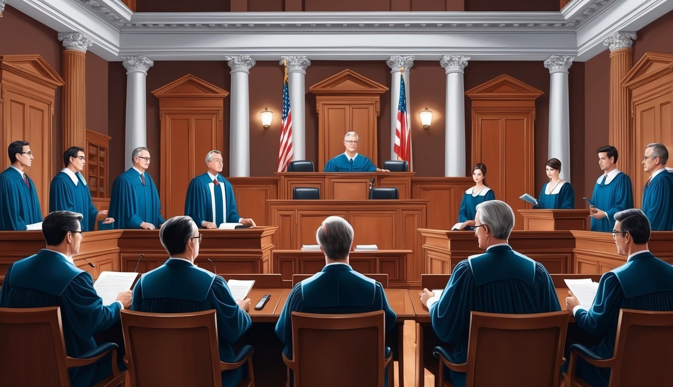 A courtroom with judges and lawyers presenting arguments and evidence in an appellate case