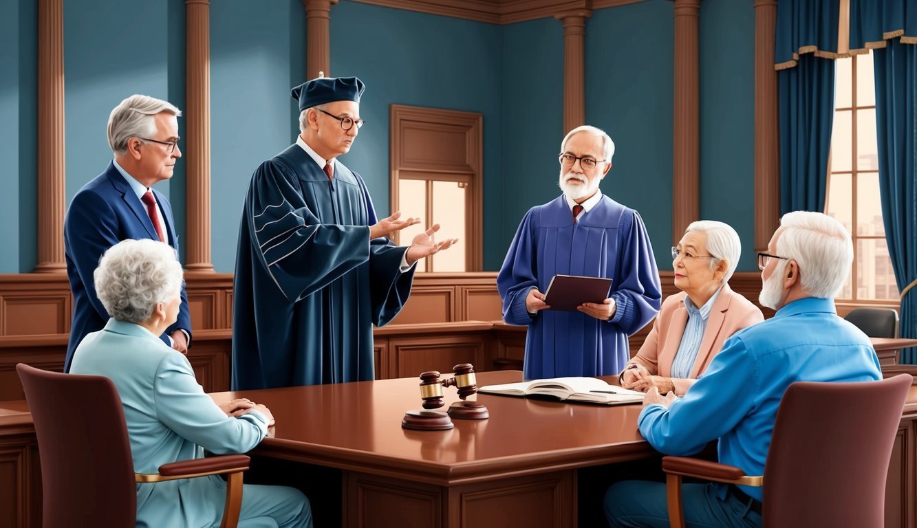 A courtroom with a judge presiding over a discussion between legal representatives and elderly individuals