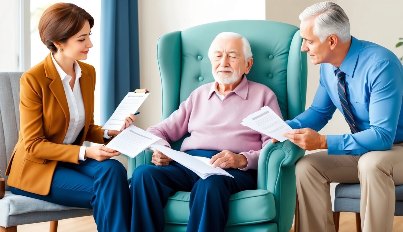 A serene elderly person sits in a comfortable chair, surrounded by legal documents and a caring attorney discussing long-term care planning