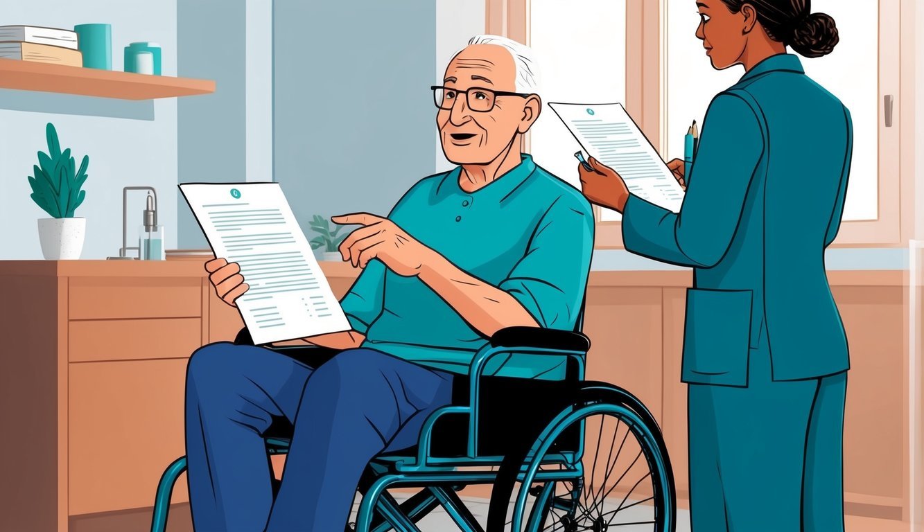 An elderly person sitting in a wheelchair while a healthcare professional discusses legal documents with them